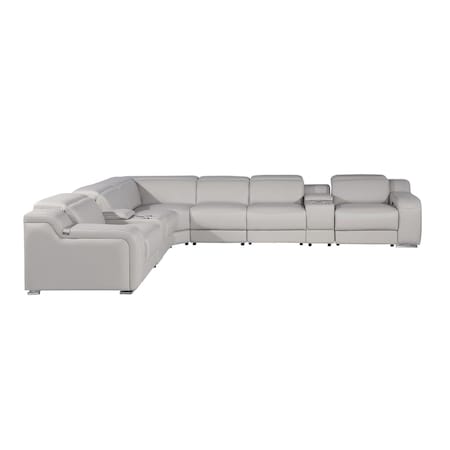 Homeroots Light Gray Italian Leather Power Reclining Curved Eight Piece Corner Sectional With Console 544992