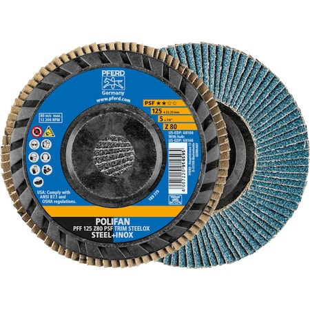 Pferd 5'' x 7/8'' A.H. POLIFAN Flap Disc - Z PSF TRIM STEELOX, Zirconia, 80 Grit, Flat 68106