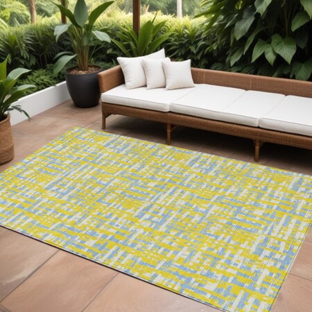Homeroots 8' X 10' Yellow Denim Blue And Beige Abstract Washable Indoor Outdoor Area Rug 602608
