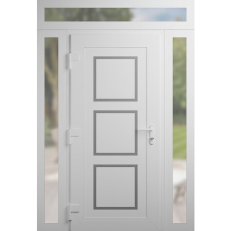Vdomdoors Front Exterior Prehung Metal-Plastic Door, Manux 8661 White Silk, 2 Side and Top Sidelite Transom, MANUX8661EXD-WS-W12+36+12xH80+14-RH