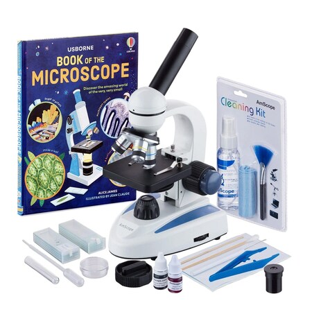 Amscope M158 Student Cordless Monocular Compound Microscope 40X-1000X w/Top & Bottom Lights, Slide Preparati M158C-SP14-CKI-WM
