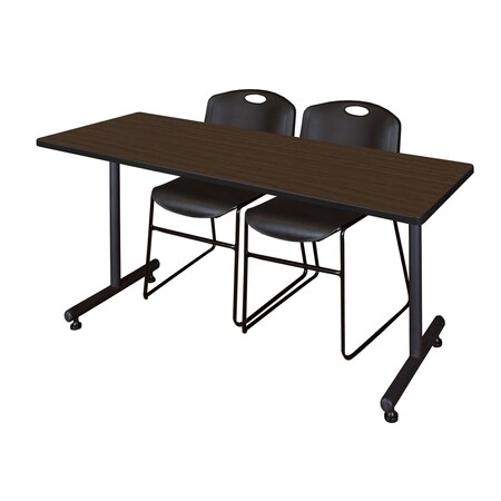 Regency Kobe T-Base Training Seminar Table W/ 2 Zeng Stack Chairs, 72 in W, 24 in L, Neo Walnut MKTRCT7224NW44BK