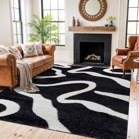 World Rug Gallery Distressed Stripe Pattern Shag Area Rug 7 ft 10 in x 10 ft Anthracite WR122ANTHRACITE8X10