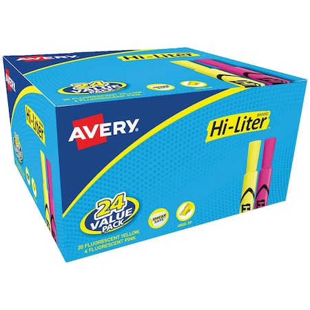 Avery Hi-Liter Pink and Yellow Highlighters, Desk Style, Chisel Tip, 24 Total, 24PK 98189