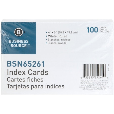 Business Source Index Cards, White, Ruled, PK100 BSN65261