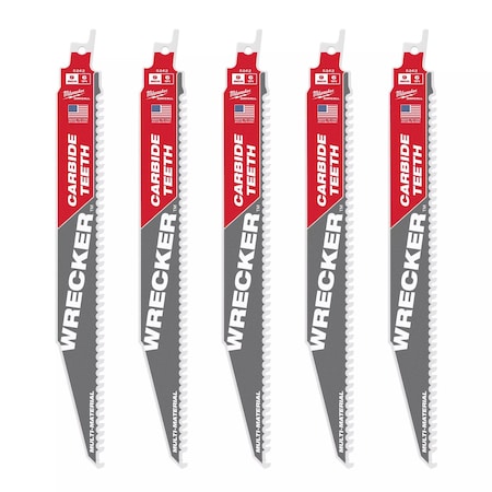 Milwaukee Tool Reciprocating Saw Blade, The Wrecker, 9 in, 6 TPI, Carbide Teeth, Multi-Material, 5 PK 48-00-5542