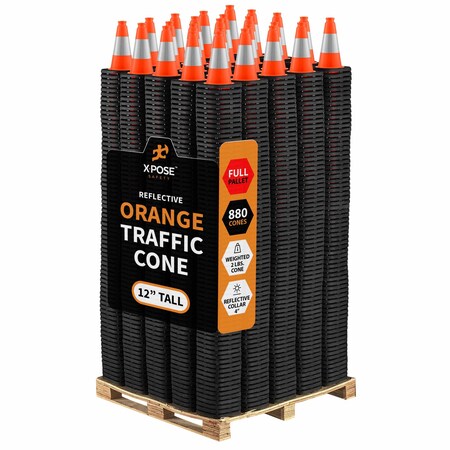 Xpose Safety Traffic Safety Cone, 12 in, PVC, 6 in Reflective Collar, Orange, Full Pallet, PK880 OTC12-4-FP880-X