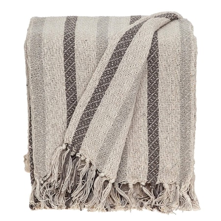 Homeroots 67" X 52" Beige And Taupe Cotton Woven Striped Throw Blanket with Fringe 476213