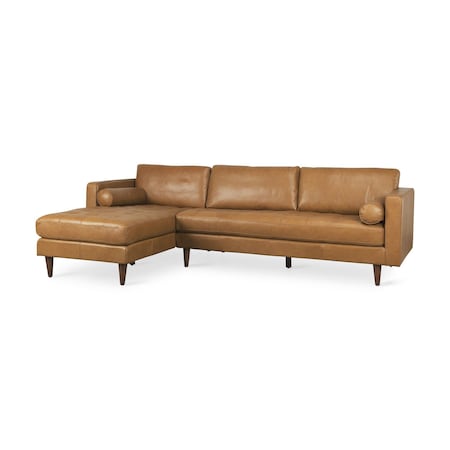 Homeroots Tan Genuine Leather L Shaped Sofa and Chaise Sectional With Toss Pillows 607316