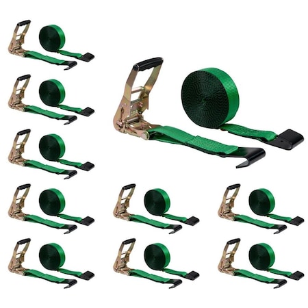 Mytee Products 2in x 30ft Green Ratchet Strap w/ Flat Hooks, 3,333 WLL, 10PK RS230Gx10
