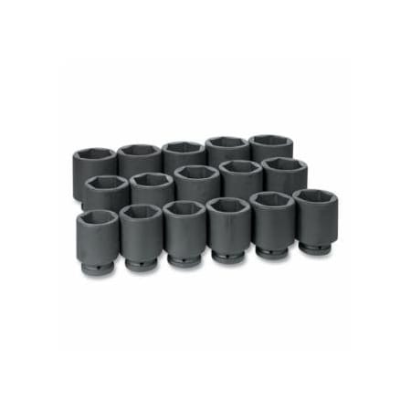 Grey Pneumatic Impact Socket Set, 1 in Dr, SAE, 6-point, 2-1/16 in to 3 in, 16-Pc Deep Length 914-9016D