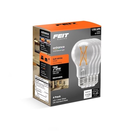 Feit Electric Feit A19 E26 Medium Filament LED Bulb Soft White 75 Watt Equivalence, 4PK A1975CL927/FIL4