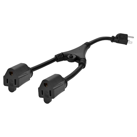 Monoprice Molded Y-Splice Extension Cord Adapter, 18 AWG, Indoor, 18/3, 1 Outlets, 5-15R, Black, 5-15P, 1 ft 35055