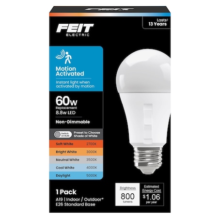Feit Electric Feit A19 E26 (Medium) LED Motion Activated Bulb Adjustable White 60 Watt Equivalence 1 pk OM605CCTCAMMLED