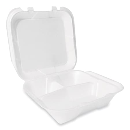 Plastifar Foam Hinged Lid Container, Secure Two Tab Latch, Poly Bag, 3-Compartment, 9 x 9 x 3, White, 200PK 12094