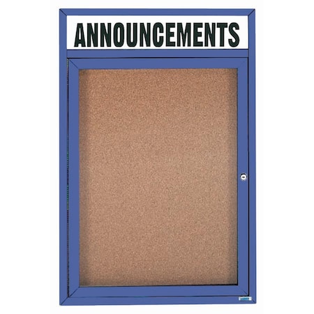 Aarco Enclosed Natural Pebble Grain Cork Bulletin Board w/ Header Blue Powder Coated Al Frame, 36''Hx24''W DCC3624RHB