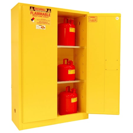 Securall Flammable Storage Cabinet, 45 Gallon, 2 Shelves, 43 in W x 65 in H x 18 in D, Yellow A145