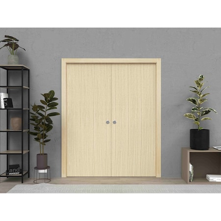 Sartodoors Modern Double Pocket Doors, Planum 0010 Vertical Natural Veneer, Kit Trims Rail Hardware, Solid Woo PLANUM0010DP-VSH-6096