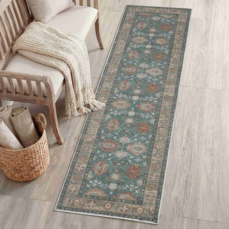 Jonathan Y Kisara Oushak Style Distressed Border Non-Slip Machine-Washable Green/Brown 2 ft. x 8 ft. Runner Rug PTN101A-28
