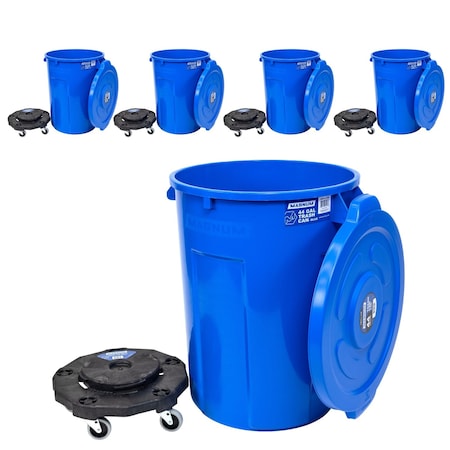 Magnum Tool Blue 44 Gallon Trash Can Set, Trash Can, Quiet Dolly, and Reinforced Lid, 5 Set CMTC-CLD0-44B05