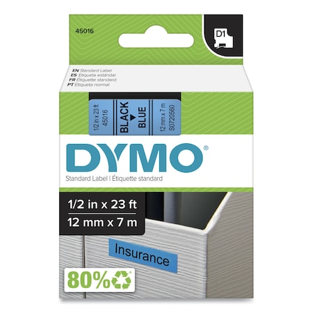 Dymo D1 High-Performance Polyester Removable Label Tape, 0.5in x 23 ft, Black on Blue 45016/S0720560