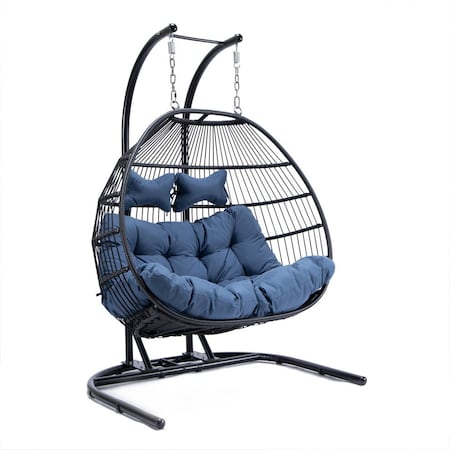 Leisuremod Wicker 2 Person Double Folding Hanging Egg Swing Chair with Navy Cushions ESCF52NBU