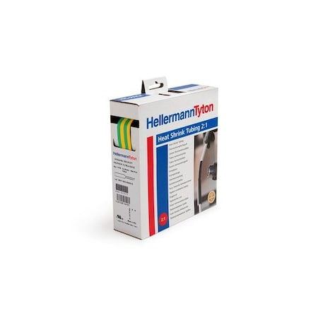 Hellerman Tyton Heat Shrink Tubing, Non-Adhesive, 2:1 Shrink Ratio, 0.37 Supp/.17" Recov Dia, PO-X, Grn/Yel, 16.4ft/pkg 300-30957