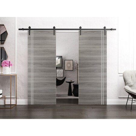 Sartodoors Sturdy Double Barn Door with Hardware, Planum 0310 Ginger Ash and Aluminum Strips, 13FT Rail Hanger PLANUM0310DB-GA-3684