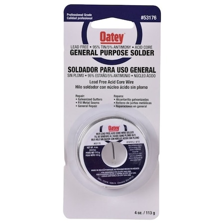 Oatey Acid Core Wire Solder, 1/4 lb Carded, Solid, Silver, 450 to 464 deg F Melting Point 53176