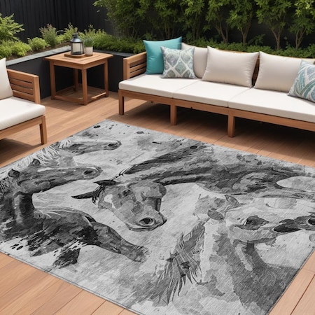 Homeroots 9' X 12' Gray And Silver Horse Washable Indoor Outdoor Area Rug 618701