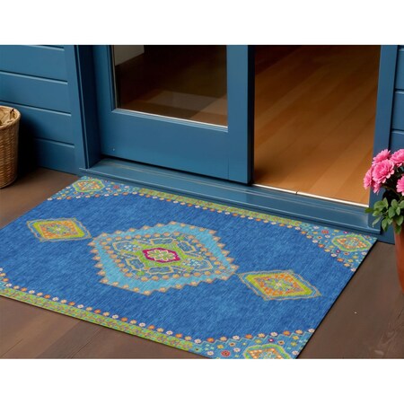 Homeroots 3' X 5' Denim Blue Red And Green Oriental Washable Indoor Outdoor Area Rug 598400