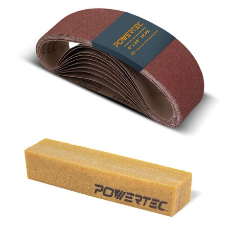 Powertec Sanding Belt Assortment, 4in W, 24in L, Aluminum Oxide, 18PK & Abrasive Cleaning Stick 110012N