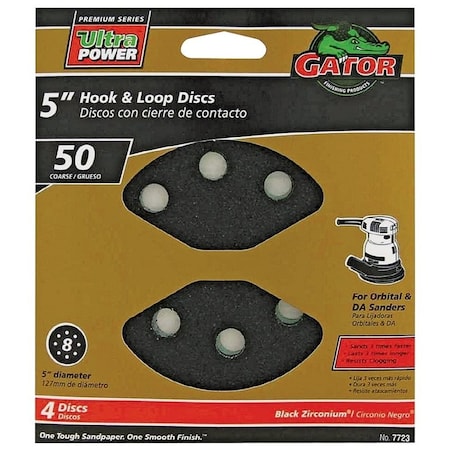 Gator Sanding Disc, 5 in Dia, 50 Grit, Coarse, Zirconium Oxide Abrasive, Vented 7723
