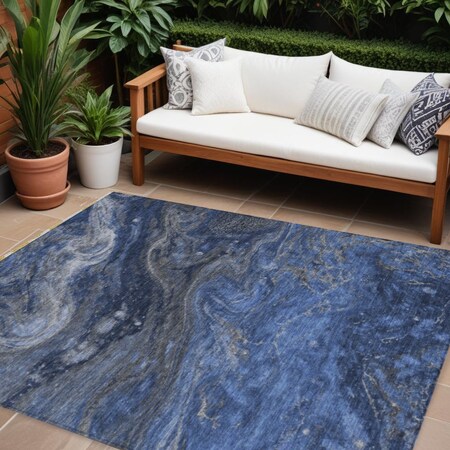 Homeroots 9' X 12' Denim Blue And Sky Blue Abstract Washable Indoor Outdoor Area Rug 577821