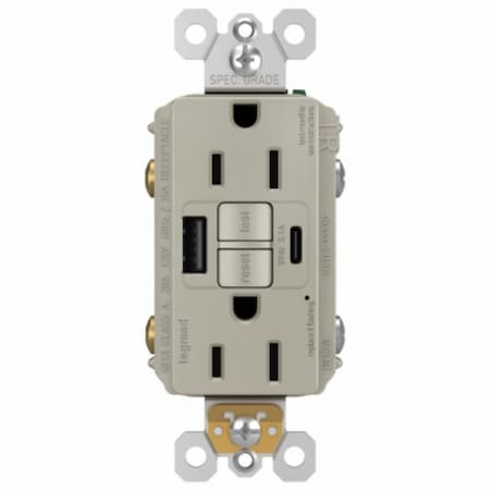 Legrand radiant GFCI Receptacle, 15 A, 125 V, 1-Gang, 2-USB Port, USB-A, USB-C USB, Nickel 1597TRUSBACNIC4