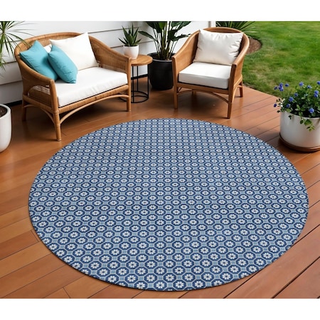 Homeroots 8' Blue And Sky Blue Round Floral Washable Indoor Outdoor Area Rug 610644