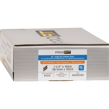 Pro-Fit 1-1/2'' 15 Gauge Electro Galvanized 25 Degree FN-Style Angled Finish Nail, 3650 Ct. 635090