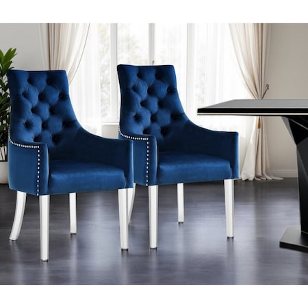 Homeroots Set of Two Tufted Navy Blue and Clear Upholstered Velvet Dining Arm Chairs 543546