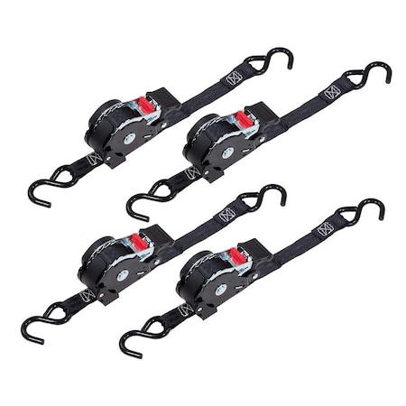 Mytee Products 1in x 12ft Auto Retractable Ratchet Straps with Coated S Hook, 4PK RS112Rx4