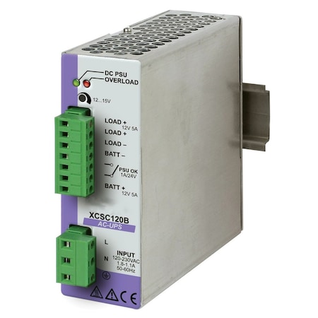 Automation Systems Interconnect DIN Rail AC UPS, 12VDC Power Supply With Integrated Battery Charger, 120VAC Input, 12V DC Output, 5A XCSC120B