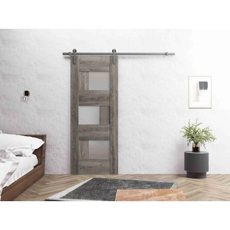 Vdomdoors Sturdy Barn Door 18 x 80in, Sete 6933 Nebraska Grey W/ Frosted Glass, SS 6.6FT Rail Hangers Heavy Set SETE6933BD-S-NEB-18