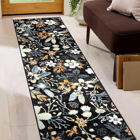 World Rug Gallery Garden Floral Runner Rug 2 ft 3 in x 8 ft Black WR147BLACK2X8