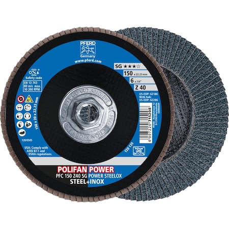 Pferd 6'' x 5/8-11 Thd. POLIFAN Flap Disc - Z SG POWER STEELOX, Zirconia, 40 Grit, Conical 62286