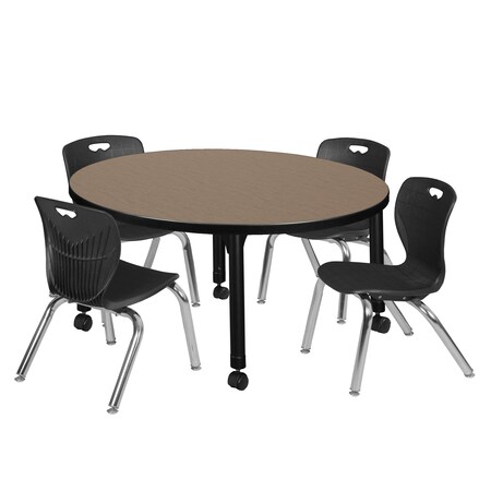 Regency Round Kee Mobile Adjustable Classroom Table W/ 4 Andy Chairs, 36 in W, 36 in L, Noble Oak TB36RNDNOAPCBK45BK