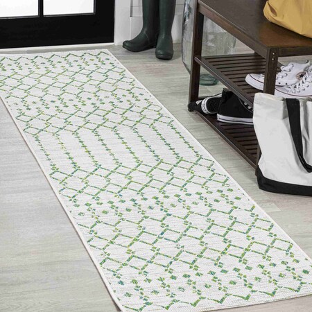 Jonathan Y Ourika Moroccan Geometric Textured Weave Green/Ivory 2 ft. x 8 ft. Indoor/Outdoor Runner Rug SMB108R-28