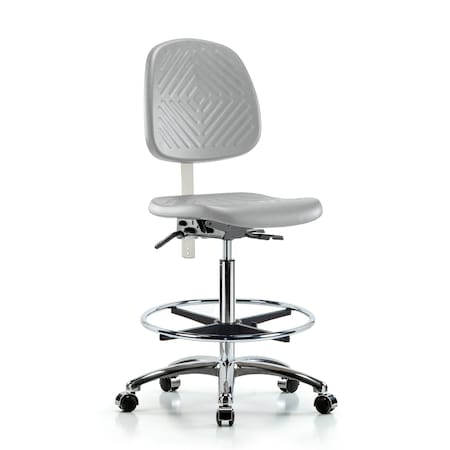 Blue Ridge Ergonomics CL100CleanRoom Chair-High Bench Ht with Med Back, Seat Tilt, Chrome Foot Ring, &Casters in Gray Poly NCR-PHBCH-MB-CR-T1-A0-CF-CC-GRY