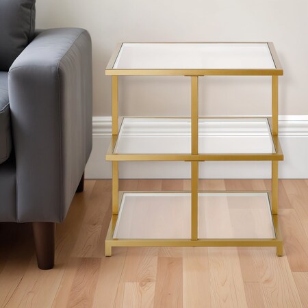Homeroots 24" Brass And Clear Glass And Steel Square End Table With Two Shelves 544186