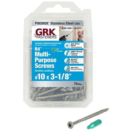 Grk Fasteners Deck Screw, #10 x 3-1/8 in, 18-8 Stainless Steel, Flat Head, Torx Drive 61737
