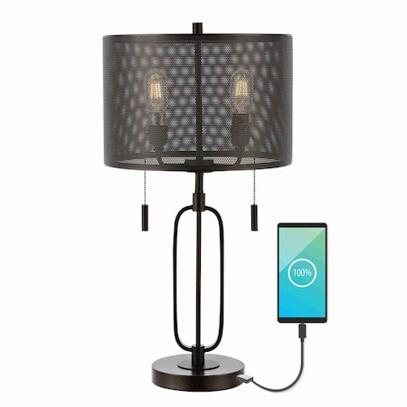 Jonathan Y Hank 27" 2-Light Industrial Farmhouse Iron LED Table Lamp with USB Charging Port, Oil Rubbed Bronze JYL1111A
