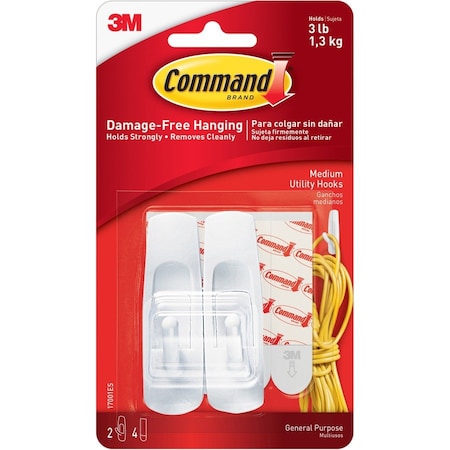 3M Command Medium Plastic Hook 3.875 in. L 2 pk 17001ES